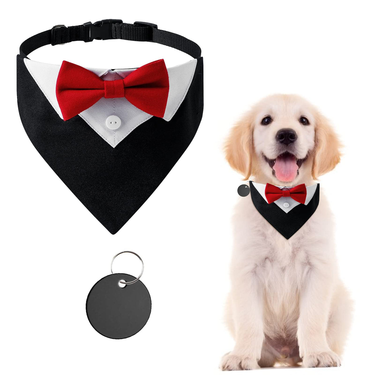 URROMA 1 Piece Red Formal Dog Tuxedo Bandana Dog Tuxedo Cotton Bandana Dog Wedding Collar with Bow Tie and Neck Tie for Dogs and Cats M
