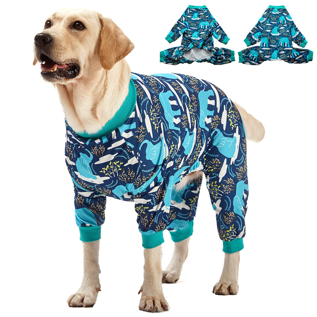 LovinPet Large Dog Clothes Pet Anxiety Relief UV Protection Large Breed Dog Pajamas Lightweight Stretchy Knit Fabric Onesie Blue Elephant Print Dog Jammies Pet PJs/XXL