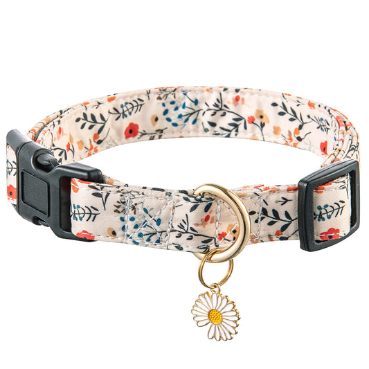 Raisingwell Cute Dog Collar Beige Flower Pattern for Boys and Girls Holiday Dog Collars Summer Fall Gift Adjustable for Small to Medium Breed Dogs (S)