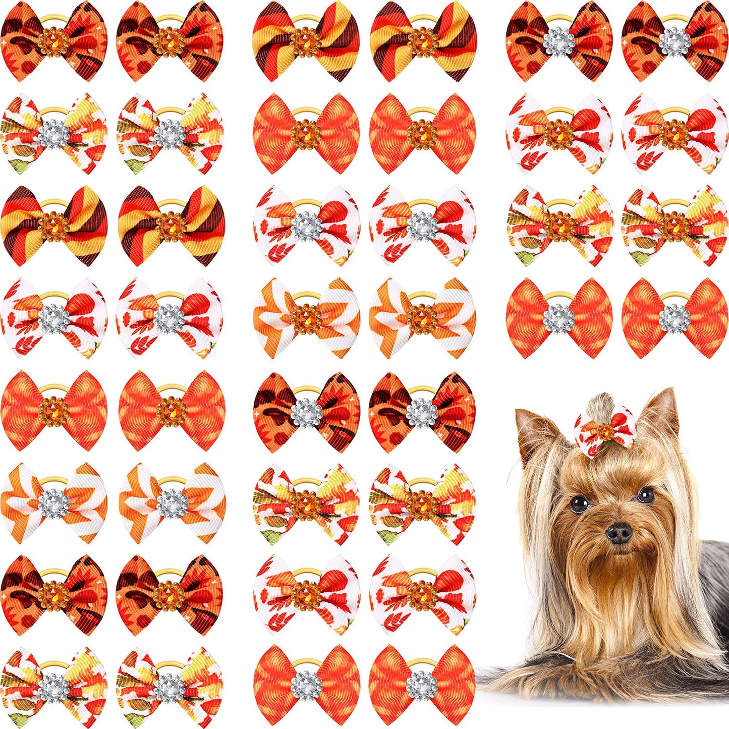 40 Pieces Small Dog Hair Bows with Rubber Bands Autumn Fall Dog Topknot Bow Pet Rhinestone Hair Topknot Bows Pet Handmade Hair Bowknot Grooming Accessories for Thanksgiving Pet Supplies 20 Pairs