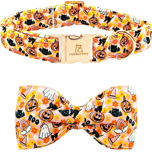 Lionheart glory Halloween Dog Collar with Bowtie Fall Pumpkin Ghost Cat Print Dog Collars Bow Tie Heavy Soft Adjustable Collar for Small Dogs Dog Bow Collar Holiday Pet Gift
