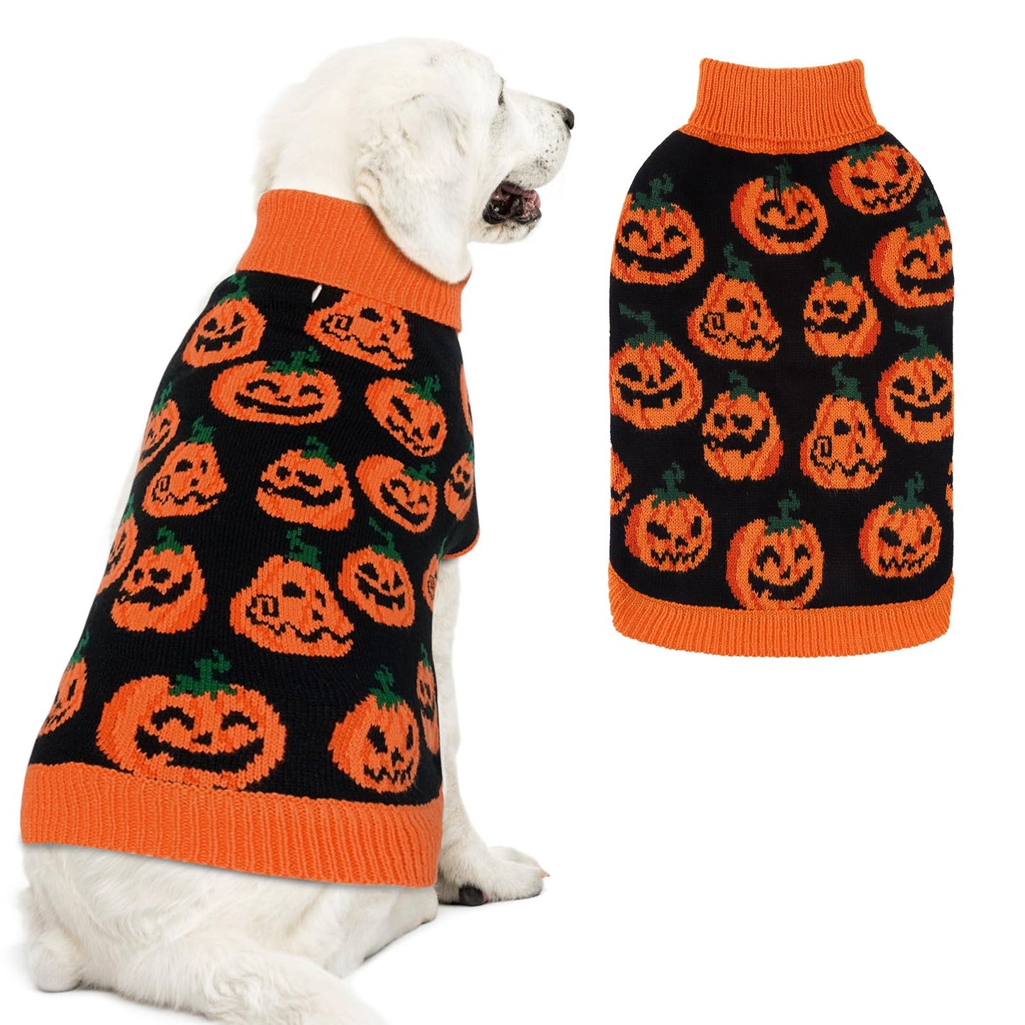 EXPAWLORER Halloween Dog Sweater - Pumpkin Fall Dog Holiday Sweater with Leash Hole Warm Turtleneck Dog Clothes for Small Medium Large Dogs Cats Orange L