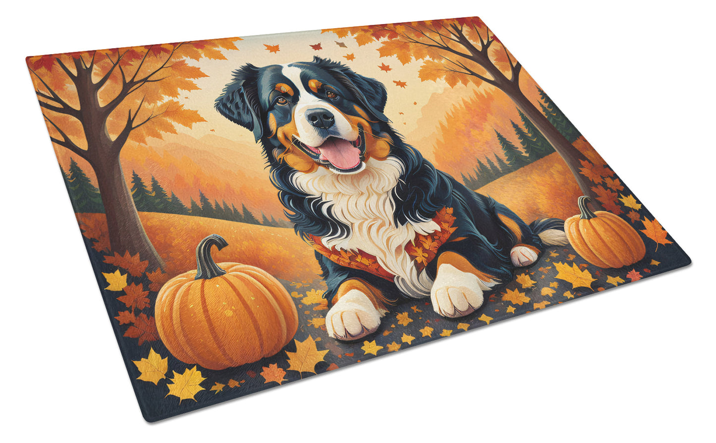 Bernese Mountain Dog Fall Glass Cutting Board