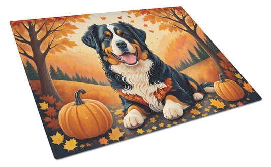 Bernese Mountain Dog Fall Glass Cutting Board