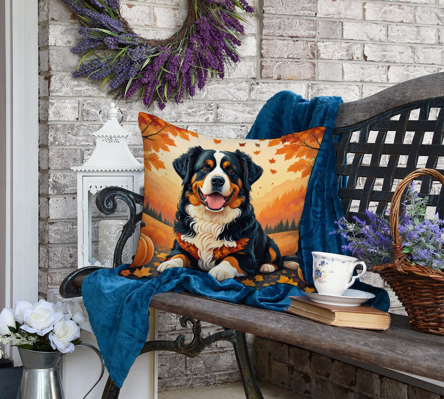 Bernese Mountain Dog Fall Throw Pillow