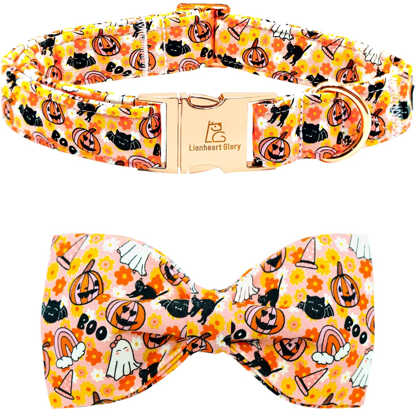Lionheart glory Halloween Dog Collar with Bowtie Fall Pumpkin Ghost Cat Print Dog Collars Bow Tie Heavy Soft Adjustable Collar for Small Dogs Dog Bow Collar Holiday Pet Gift
