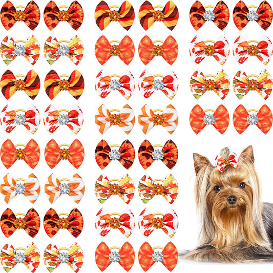 40 Pieces Small Dog Hair Bows with Rubber Bands Autumn Fall Dog Topknot Bow Pet Rhinestone Hair Topknot Bows Pet Handmade Hair Bowknot Grooming Accessories for Thanksgiving Pet Supplies 20 Pairs
