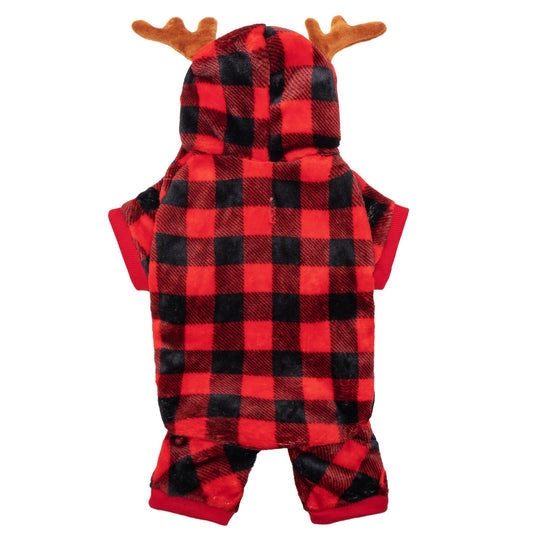JVVGPET Dog Christmas Pajamas for Small Dogs Antlers Hooded Dog Costume Christmas pjs Puppy Sweatshirt Red Plaid Cute Warm Winter Fall Holiday Dog Clothes