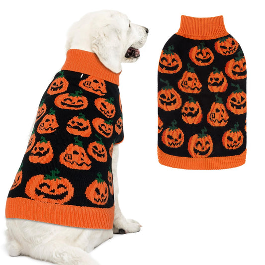 EXPAWLORER Halloween Dog Sweater - Pumpkin Fall Dog Holiday Sweater with Leash Hole Warm Turtleneck Dog Clothes for Small Medium Large Dogs Cats Orange L
