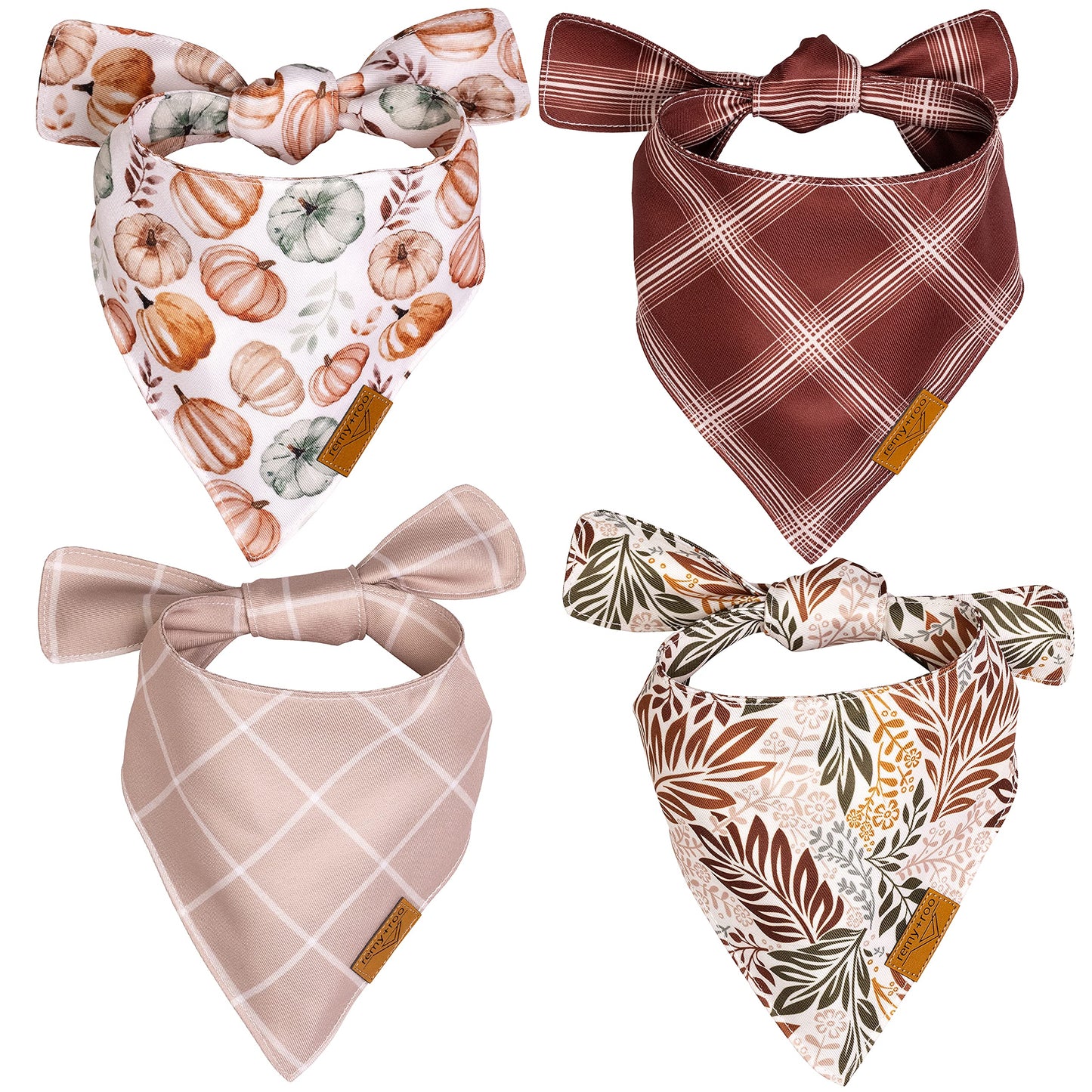 Remy+Roo Fall Dog Bandanas 4 Pack - Amber Set Premium Durable Polyester Fabric Patented Curved Design Adjustable Fit for Small Large and XL Dogs Trendy Patterns Dog Fall Bandanas (Large)