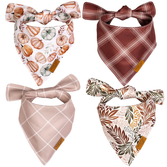 Remy+Roo Fall Dog Bandanas 4 Pack - Amber Set Premium Durable Polyester Fabric Patented Curved Design Adjustable Fit for Small Large and XL Dogs Trendy Patterns Dog Fall Bandanas (Large)