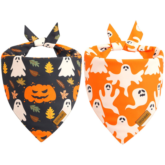 THLOH Halloween Dog Bandanas - 2 Pack Fall Dog Bibs | Reversible Pumpkin and Ghost Pet Scarf for Boys and Girls | Premium Durable Fabric | Orange Dog Bandana for Medium and Large Dogs (Large)