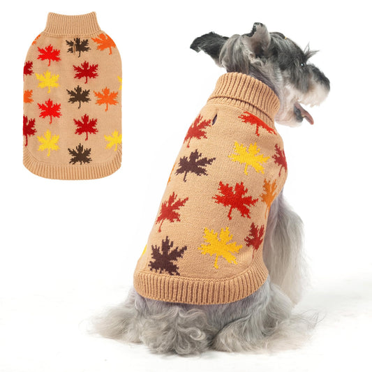 BEAUTYZOO Fall Dog Sweater- Small Dog Sweaters for Dogs Girls Boys Turtleneck Knitwear Dog Clothes in Cold Weather Maple Leaf Cable Knit Puppy Pullover Outfit Cat Apparel(Khaki XXS)