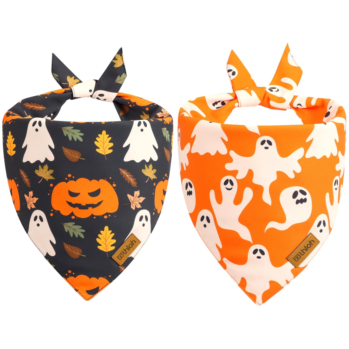 THLOH Halloween Dog Bandanas - 2 Pack Fall Dog Bibs | Reversible Pumpkin and Ghost Pet Scarf for Boys and Girls | Premium Durable Fabric | Orange Dog Bandana for Medium and Large Dogs (Large)